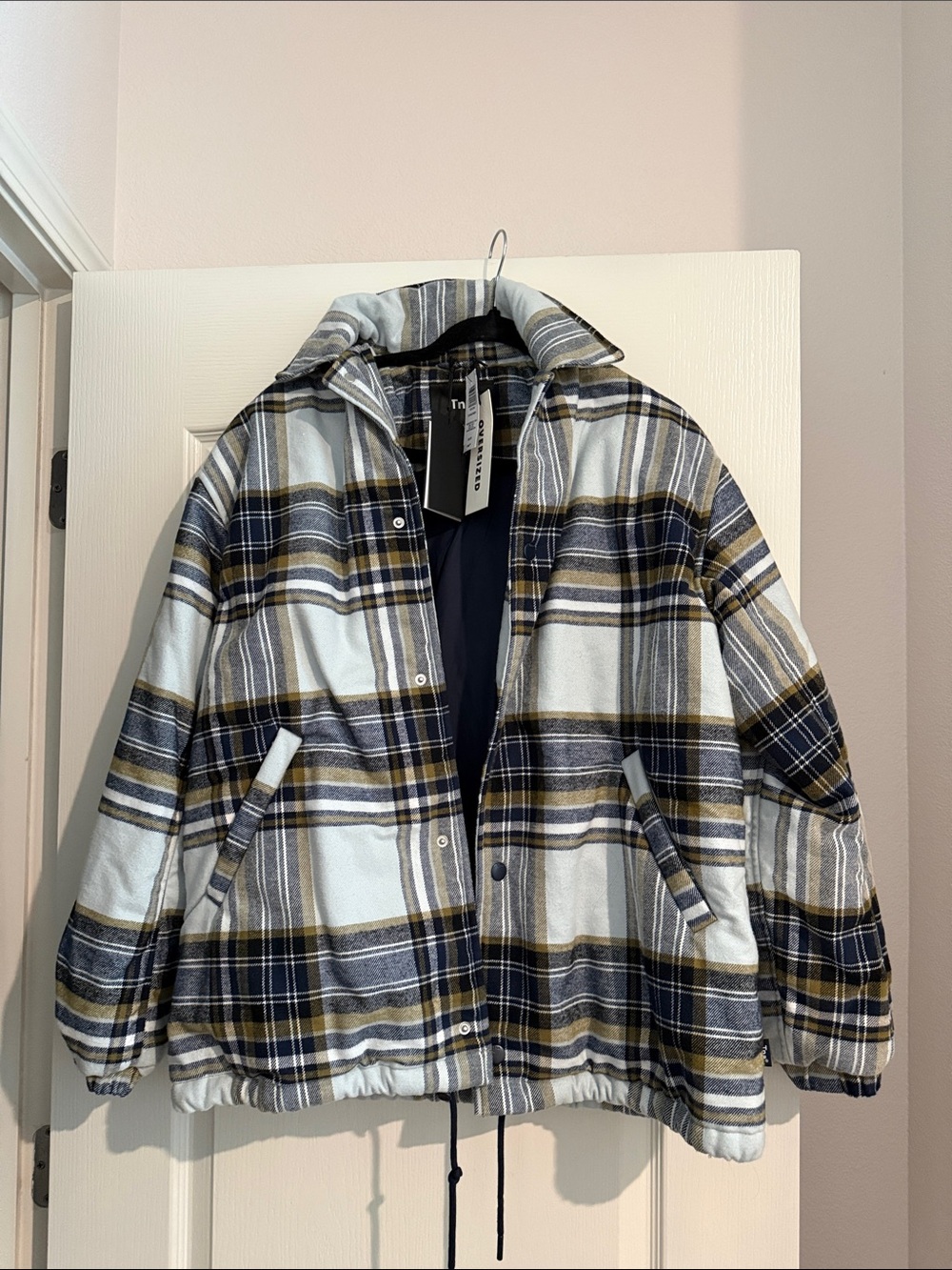 TNA Aritzia Plaid Puffer Jacket in Light Blue, Navy & Mustard